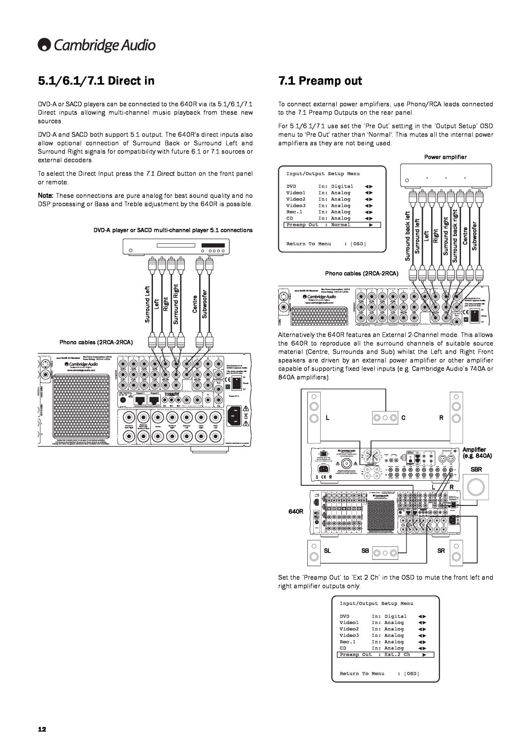 Cambridge Audio 640Razur user manual 5.1/6.1/7.1 Direct in, Preamp out 