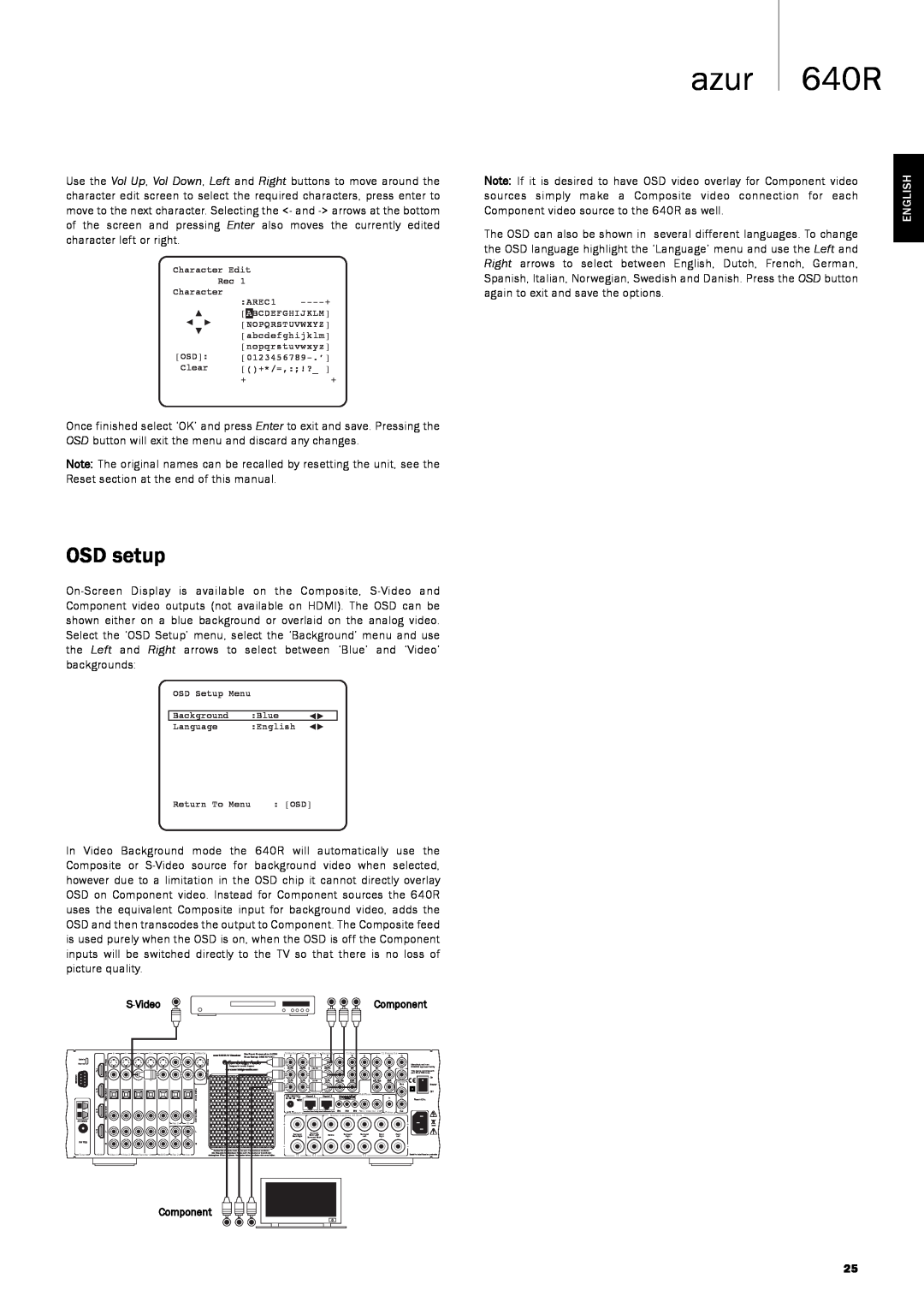 Cambridge Audio 640Razur user manual OSD setup, English 