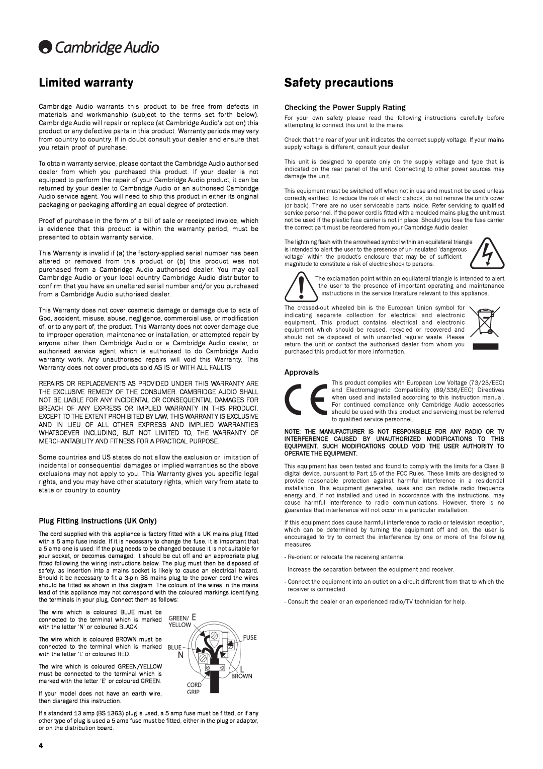 Cambridge Audio 640Razur user manual Limited warranty, Safety precautions, Plug Fitting Instructions UK Only, Approvals 