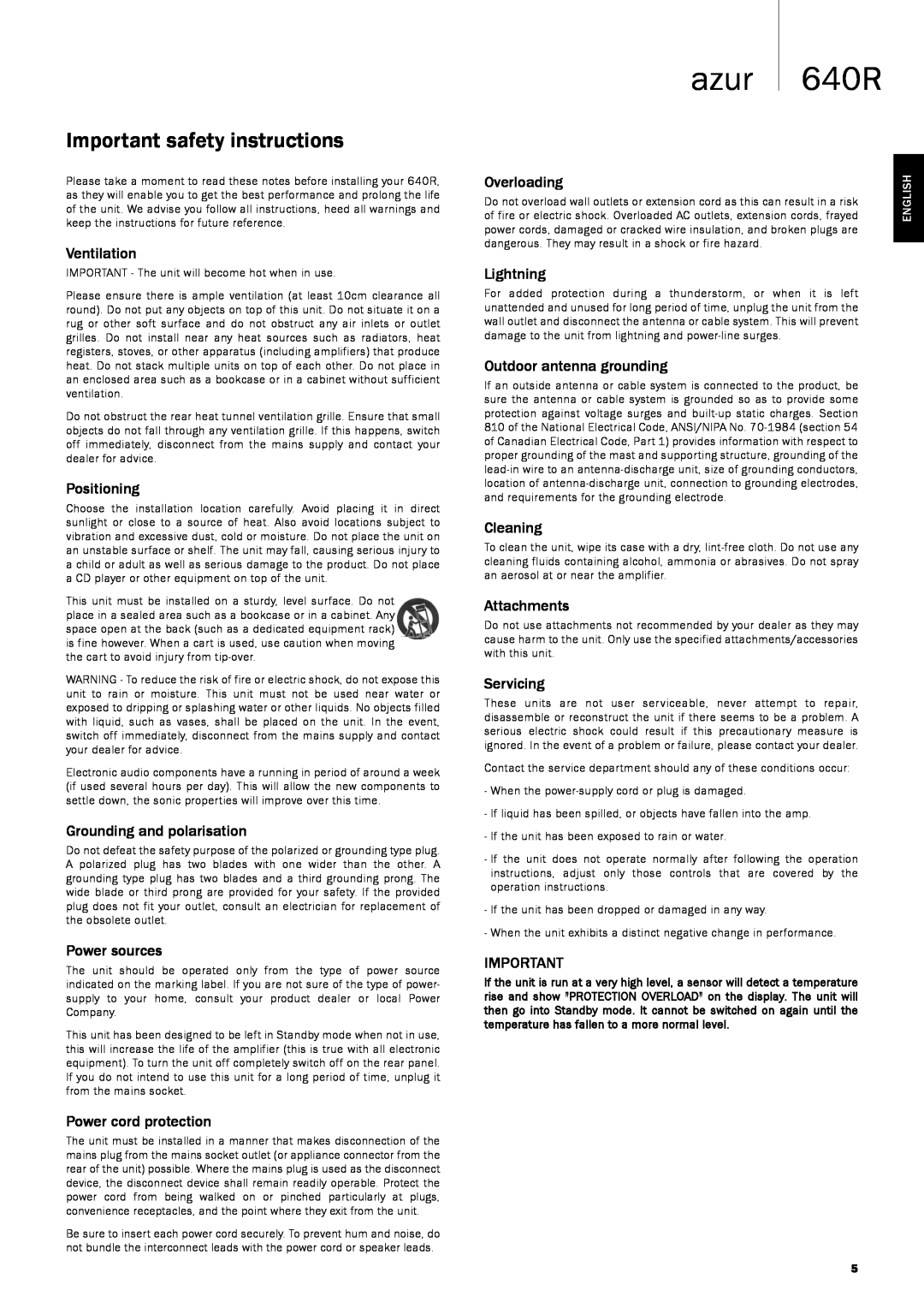Cambridge Audio 640Razur user manual Important safety instructions, azur 640R 
