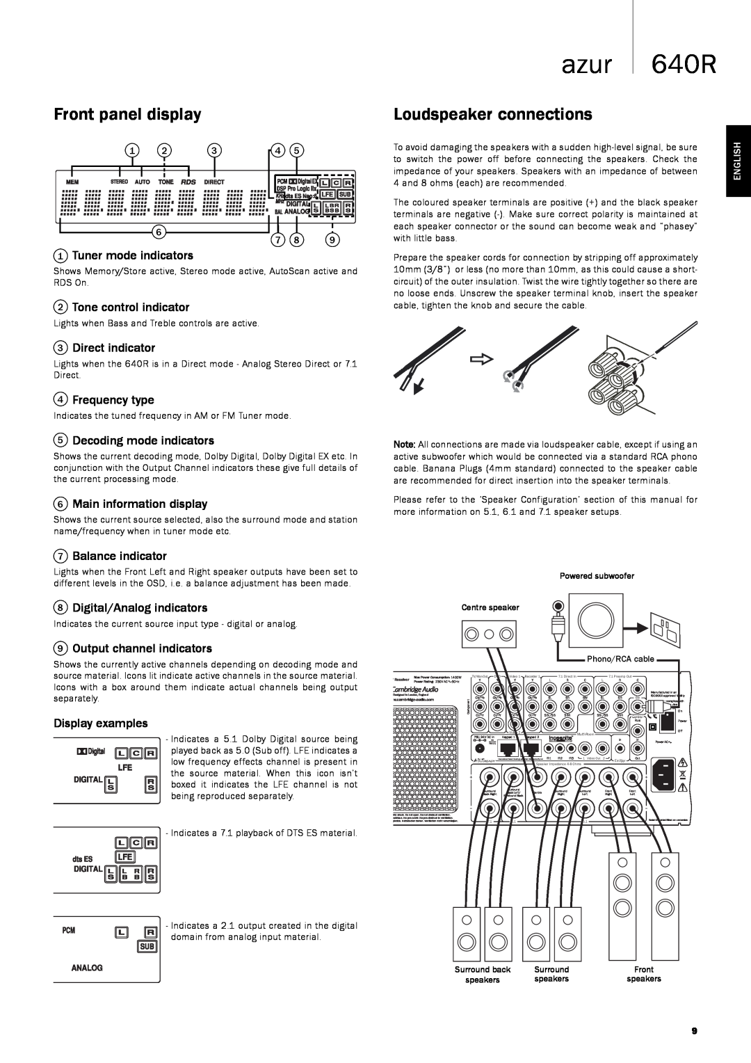 Cambridge Audio 640Razur user manual Front panel display, Loudspeaker connections, azur 640R 