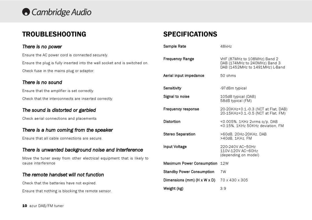 Cambridge Audio 640T user manual Troubleshooting, Specifications 