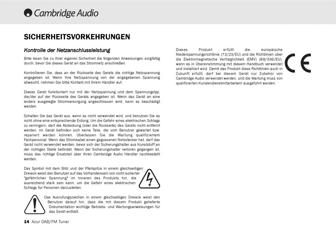 Cambridge Audio 640T user manual Sicherheitsvorkehrungen, Kontrolle der Netzanschlussleistung 