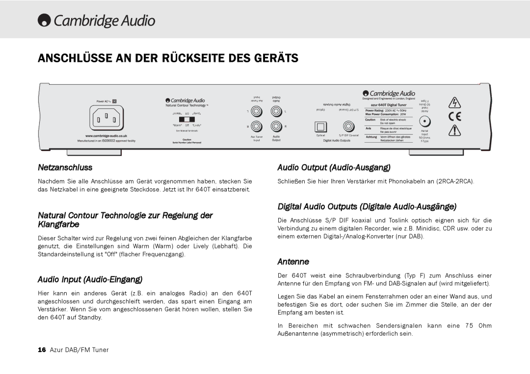 Cambridge Audio 640T user manual Anschlüsse AN DER Rückseite DES Geräts 