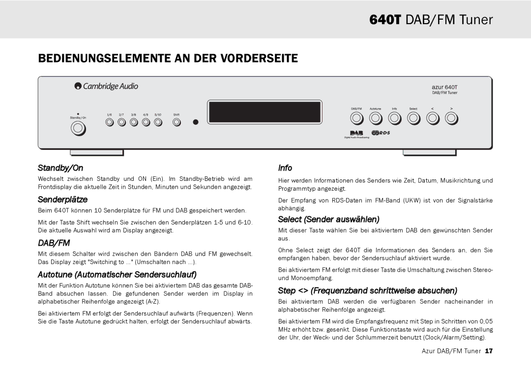 Cambridge Audio 640T user manual Bedienungselemente AN DER Vorderseite, Senderplätze, Autotune Automatischer Sendersuchlauf 