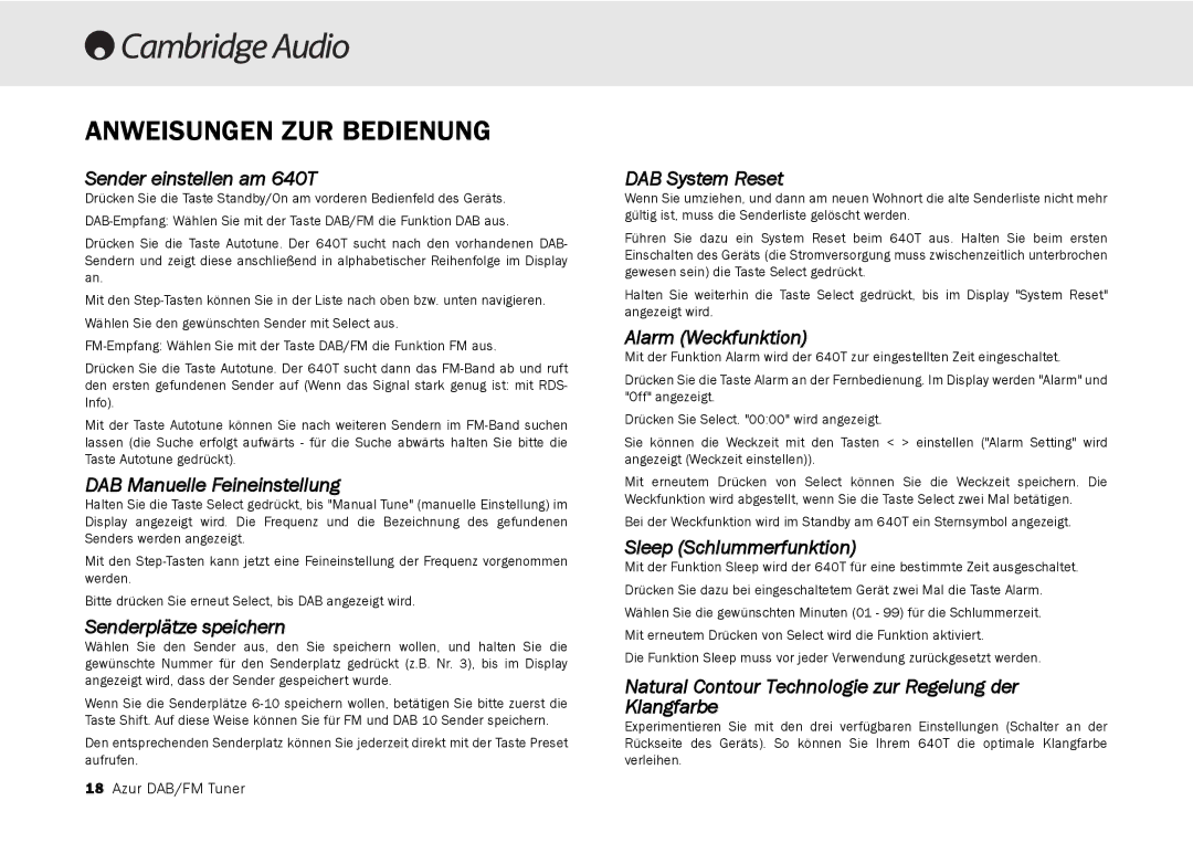 Cambridge Audio 640T user manual Anweisungen ZUR Bedienung 