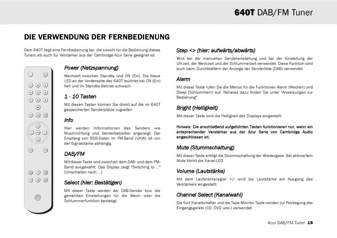 Cambridge Audio 640T user manual DIE Verwendung DER Fernbedienung 