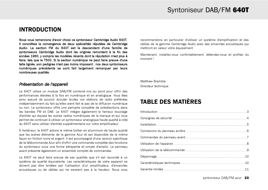 Cambridge Audio 640T user manual Table DES Matières, Présentation de lappareil 