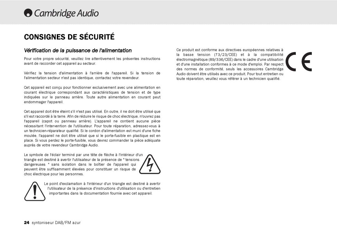 Cambridge Audio 640T user manual Consignes DE Sécurité, Vérification de la puissance de lalimentation 