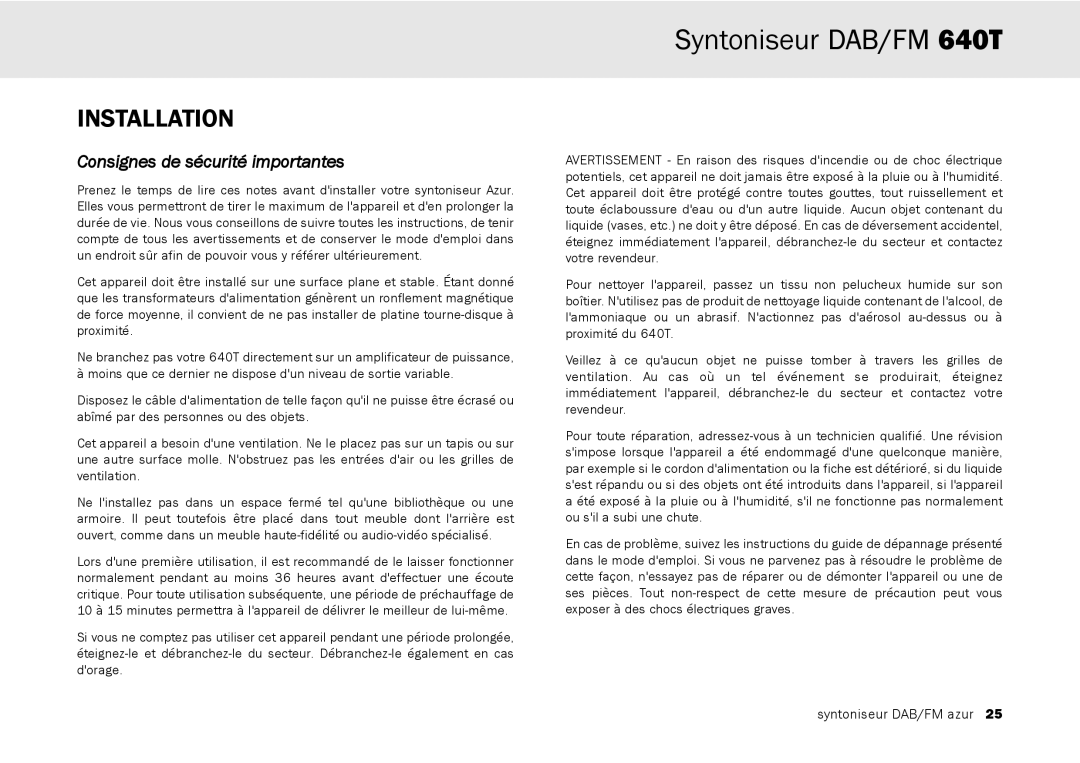 Cambridge Audio 640T user manual Installation, Consignes de sécurité importantes 