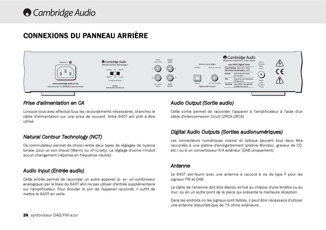 Cambridge Audio 640T user manual Connexions DU Panneau Arrière 