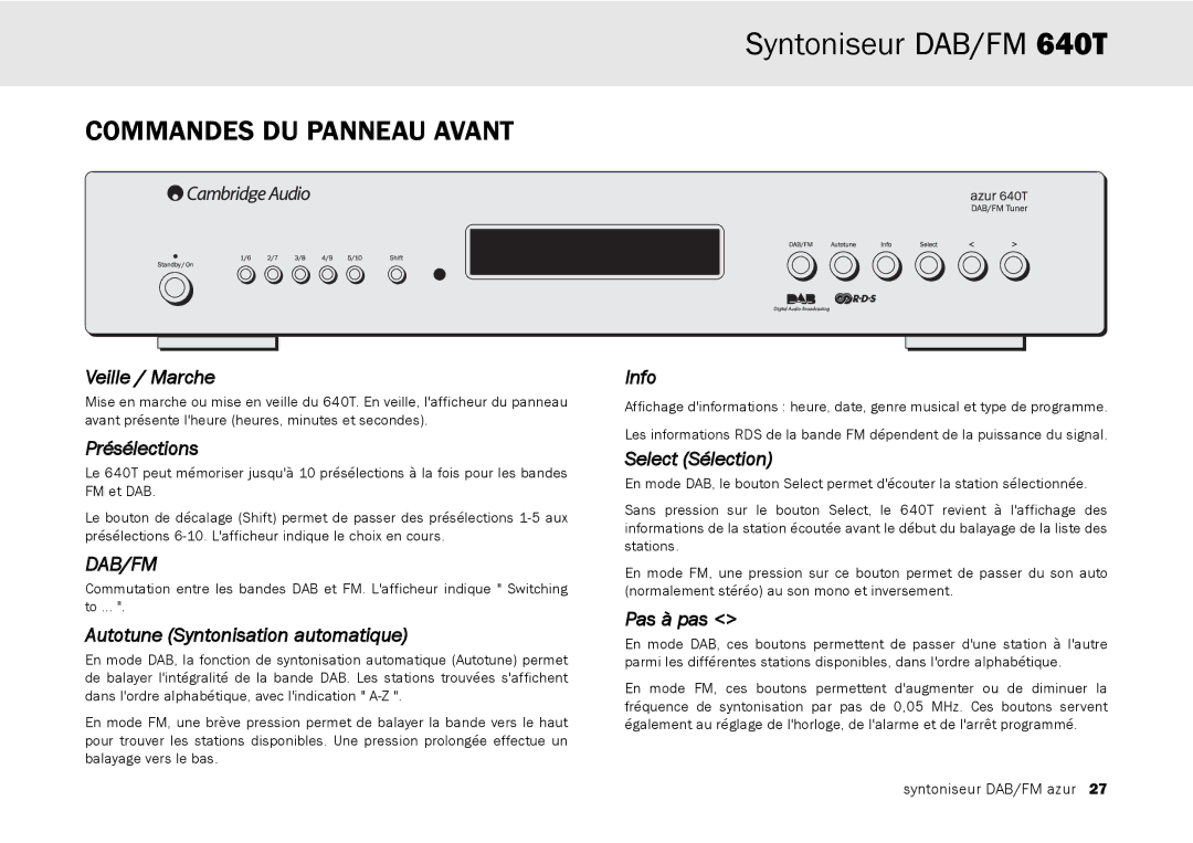 Cambridge Audio 640T user manual Commandes DU Panneau Avant 