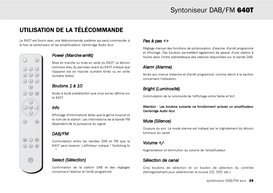 Cambridge Audio 640T user manual Utilisation DE LA Télécommande 