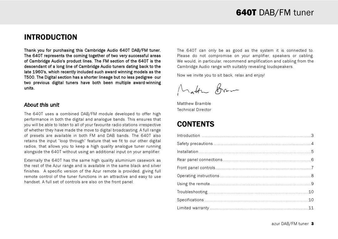 Cambridge Audio 640T user manual Introduction, Contents 