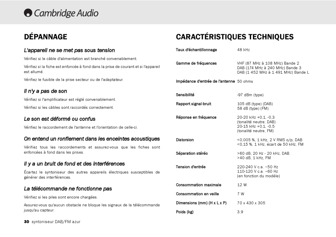 Cambridge Audio 640T user manual Dépannage, Caractéristiques Techniques 