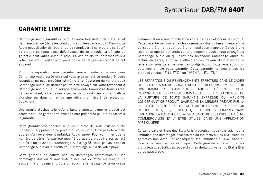 Cambridge Audio 640T user manual Garantie Limitée 