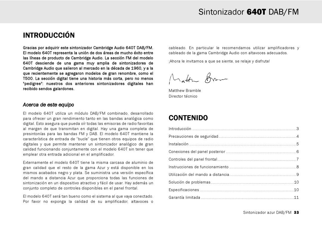 Cambridge Audio 640T user manual Introducción, Contenido, Acerca de este equipo 