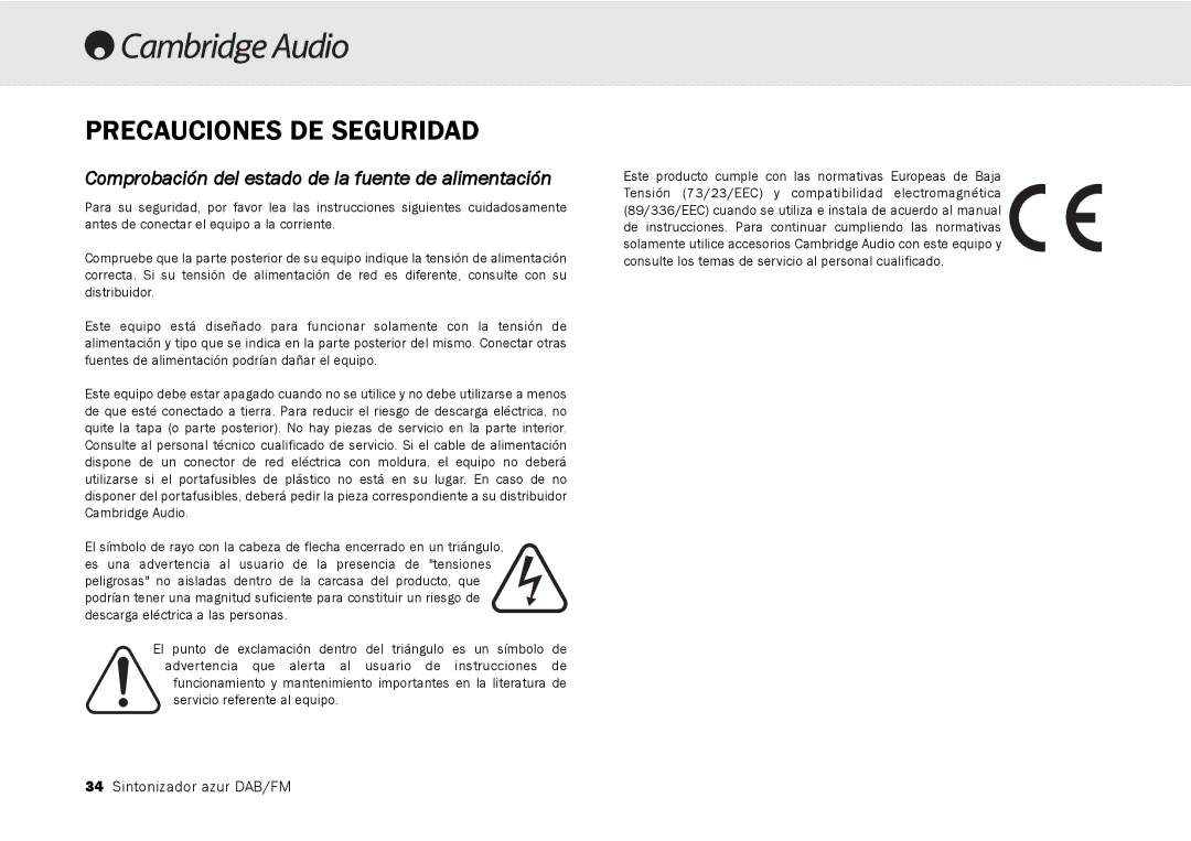 Cambridge Audio 640T user manual Precauciones DE Seguridad, Comprobación del estado de la fuente de alimentación 