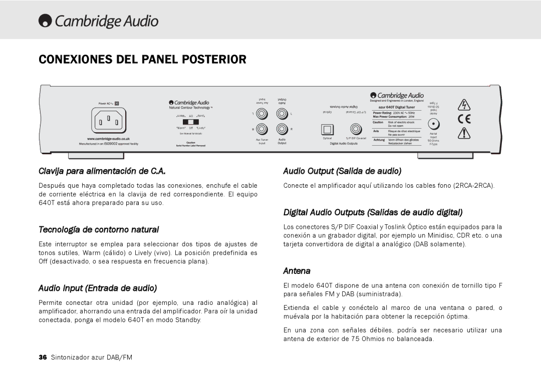 Cambridge Audio 640T user manual Conexiones DEL Panel Posterior 