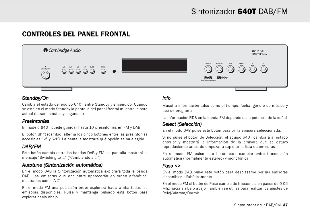 Cambridge Audio 640T Controles DEL Panel Frontal, Presintonías, Select Selección, Autotune Sintonización automática, Paso 