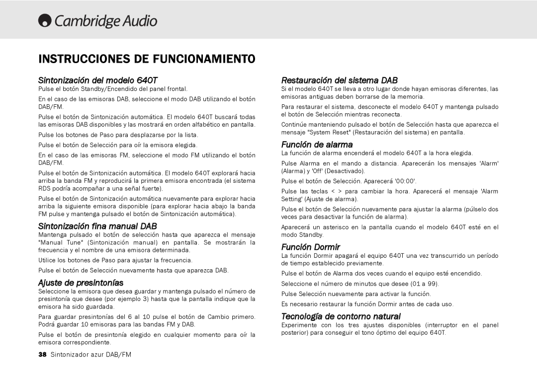 Cambridge Audio 640T user manual Instrucciones DE Funcionamiento 