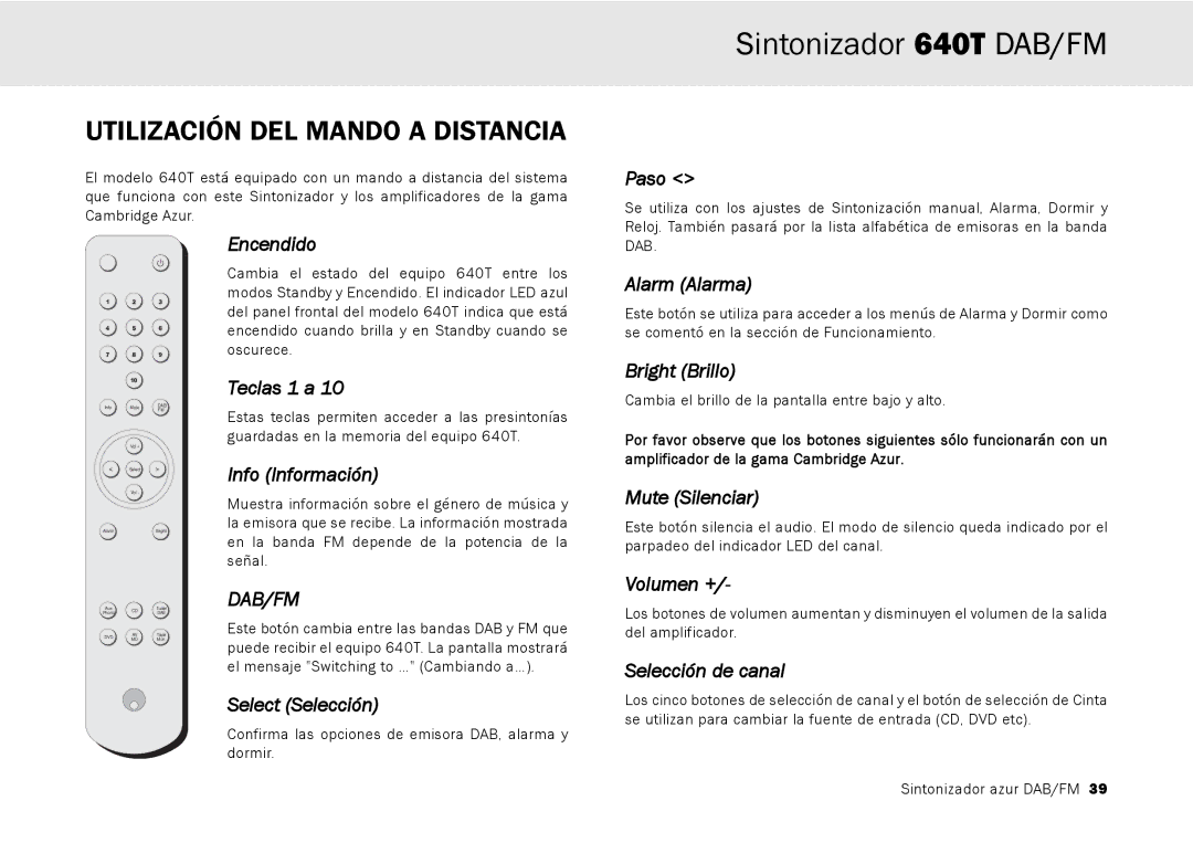 Cambridge Audio 640T user manual Utilización DEL Mando a Distancia 