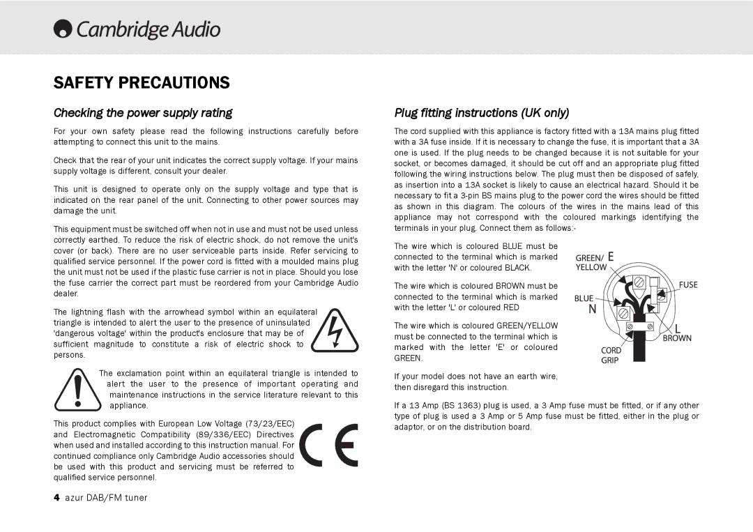 Cambridge Audio 640T user manual Safety Precautions, Checking the power supply rating, Plug fitting instructions UK only 