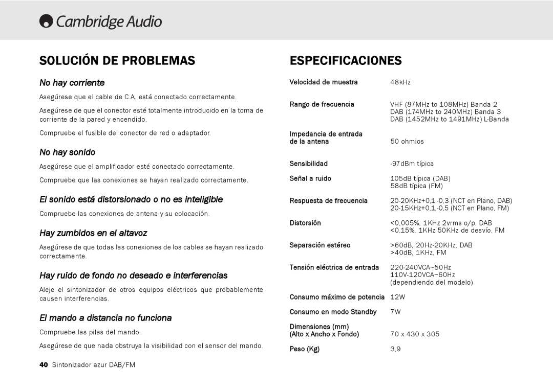 Cambridge Audio 640T user manual Solución DE Problemas, Especificaciones 