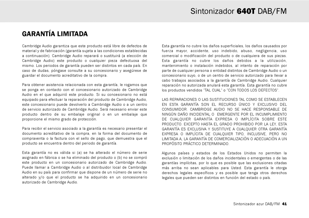 Cambridge Audio 640T user manual Garantía Limitada 