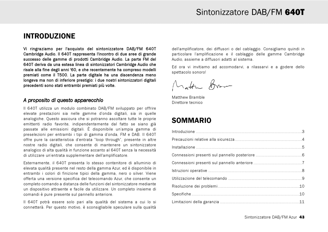 Cambridge Audio 640T user manual Introduzione, Sommario, Proposito di questo apparecchio 