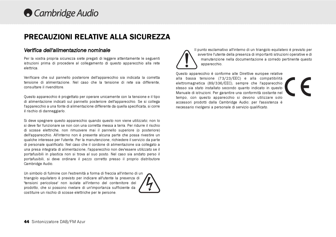 Cambridge Audio 640T user manual Precauzioni Relative Alla Sicurezza, Verifica dellalimentazione nominale 