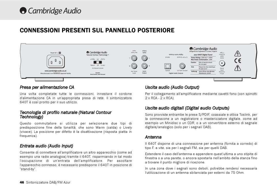 Cambridge Audio 640T user manual Connessioni Presenti SUL Pannello Posteriore 