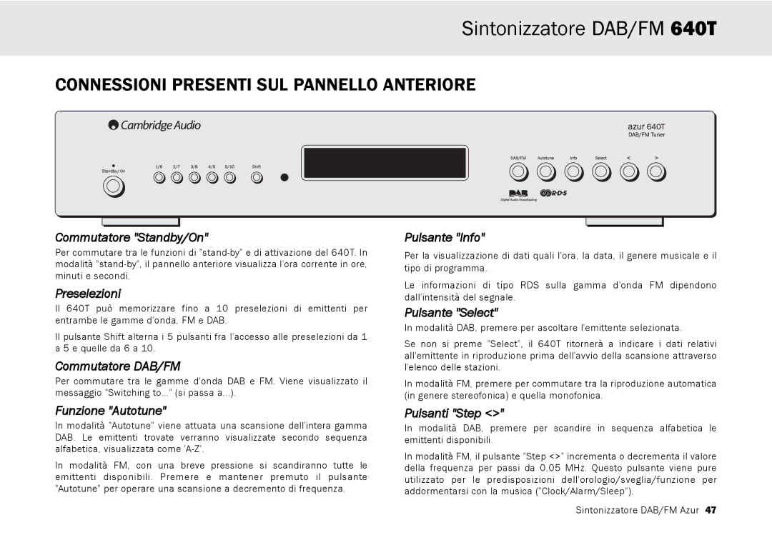 Cambridge Audio 640T user manual Connessioni Presenti SUL Pannello Anteriore 