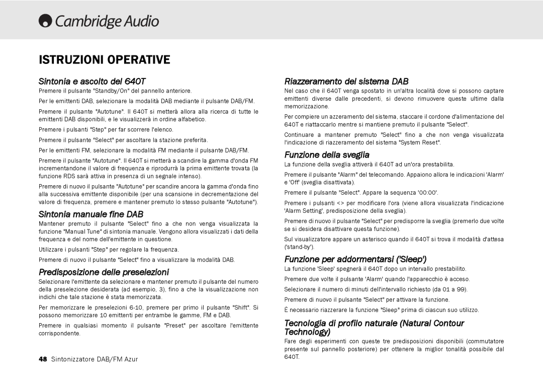 Cambridge Audio 640T user manual Istruzioni Operative 