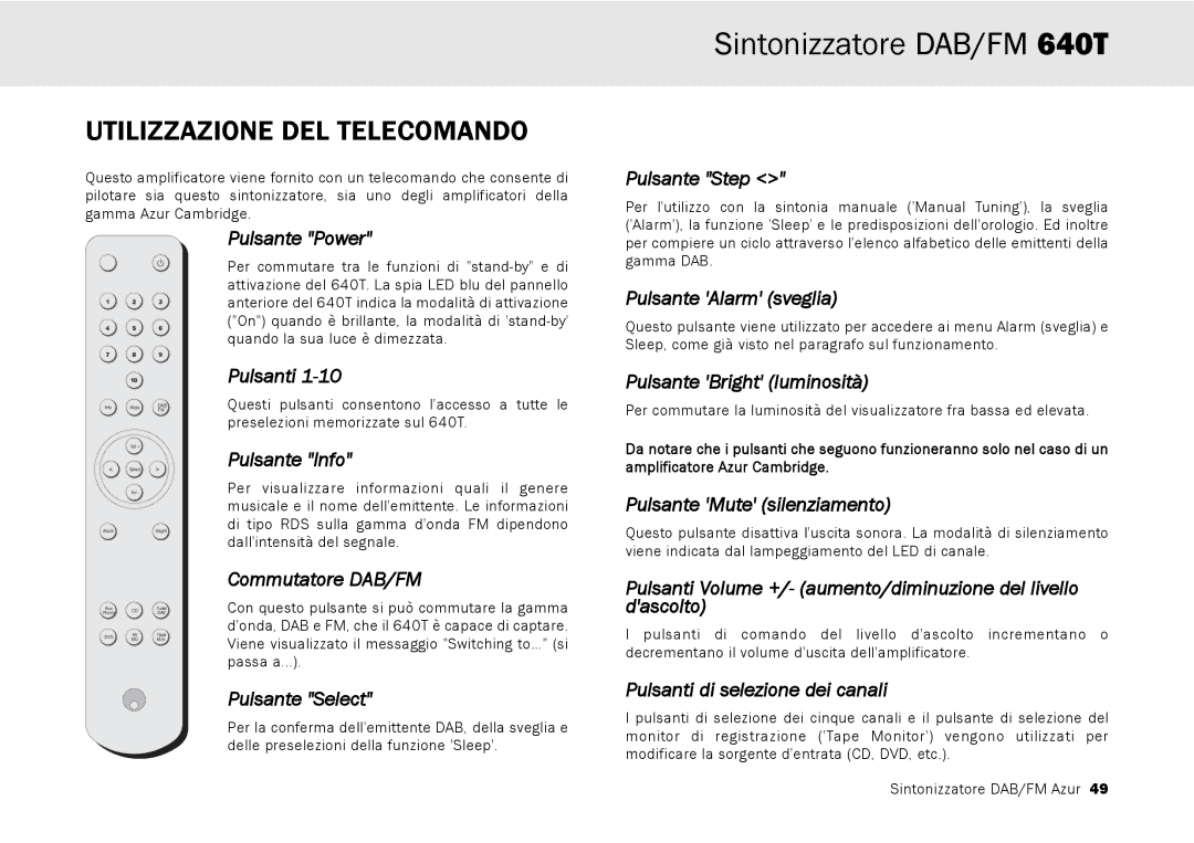 Cambridge Audio 640T user manual Utilizzazione DEL Telecomando 