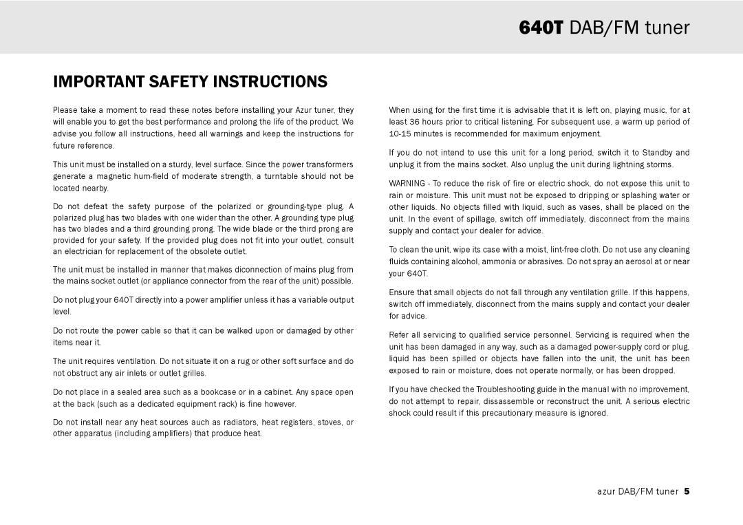 Cambridge Audio 640T user manual Important Safety Instructions 