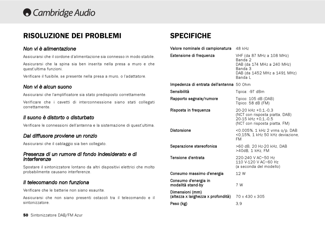 Cambridge Audio 640T user manual Risoluzione DEI Problemi, Specifiche 