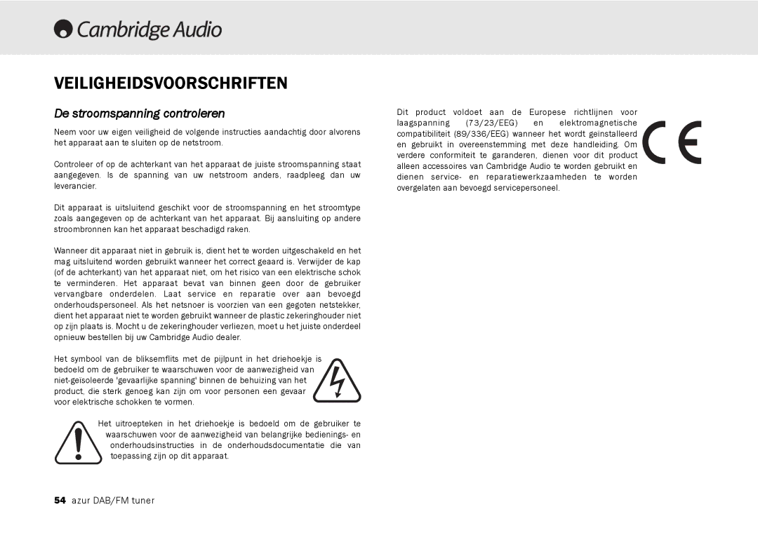 Cambridge Audio 640T user manual Veiligheidsvoorschriften, De stroomspanning controleren 