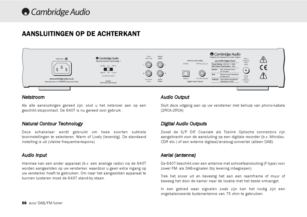 Cambridge Audio 640T user manual Aansluitingen OP DE Achterkant, Netstroom, Aerial antenne 