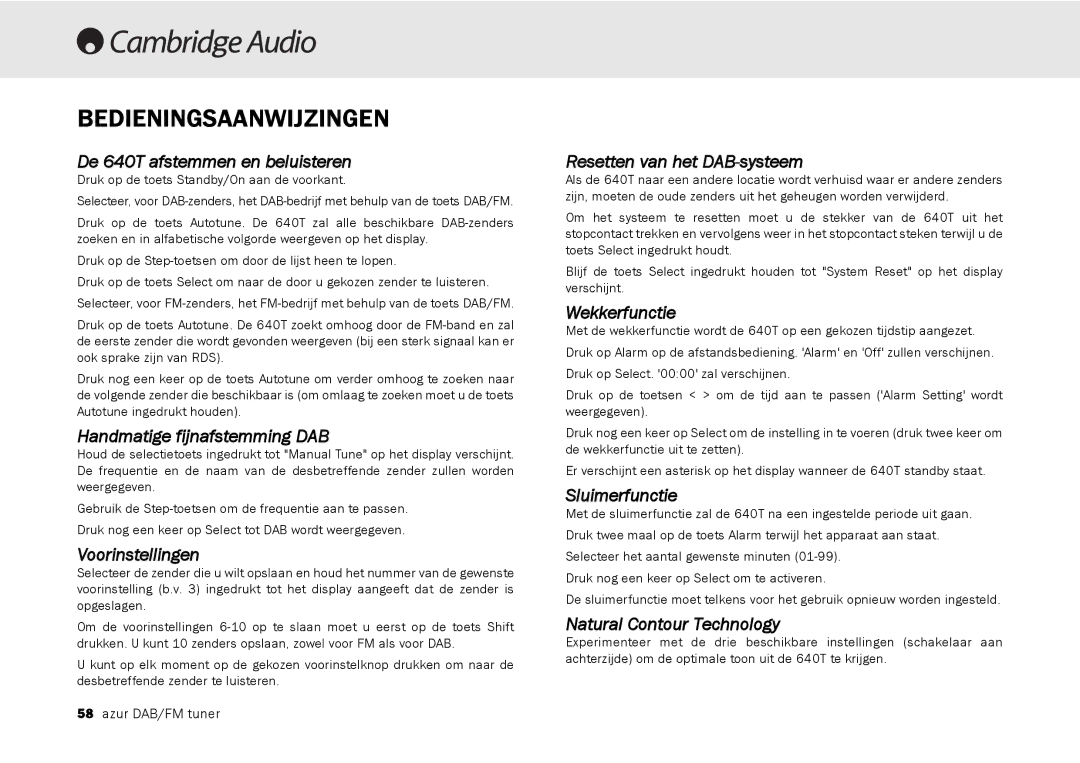 Cambridge Audio 640T user manual Bedieningsaanwijzingen 