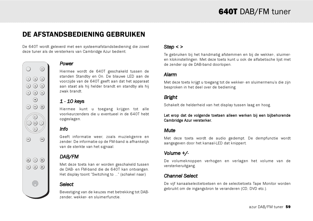 Cambridge Audio 640T user manual DE Afstandsbediening Gebruiken, Power 