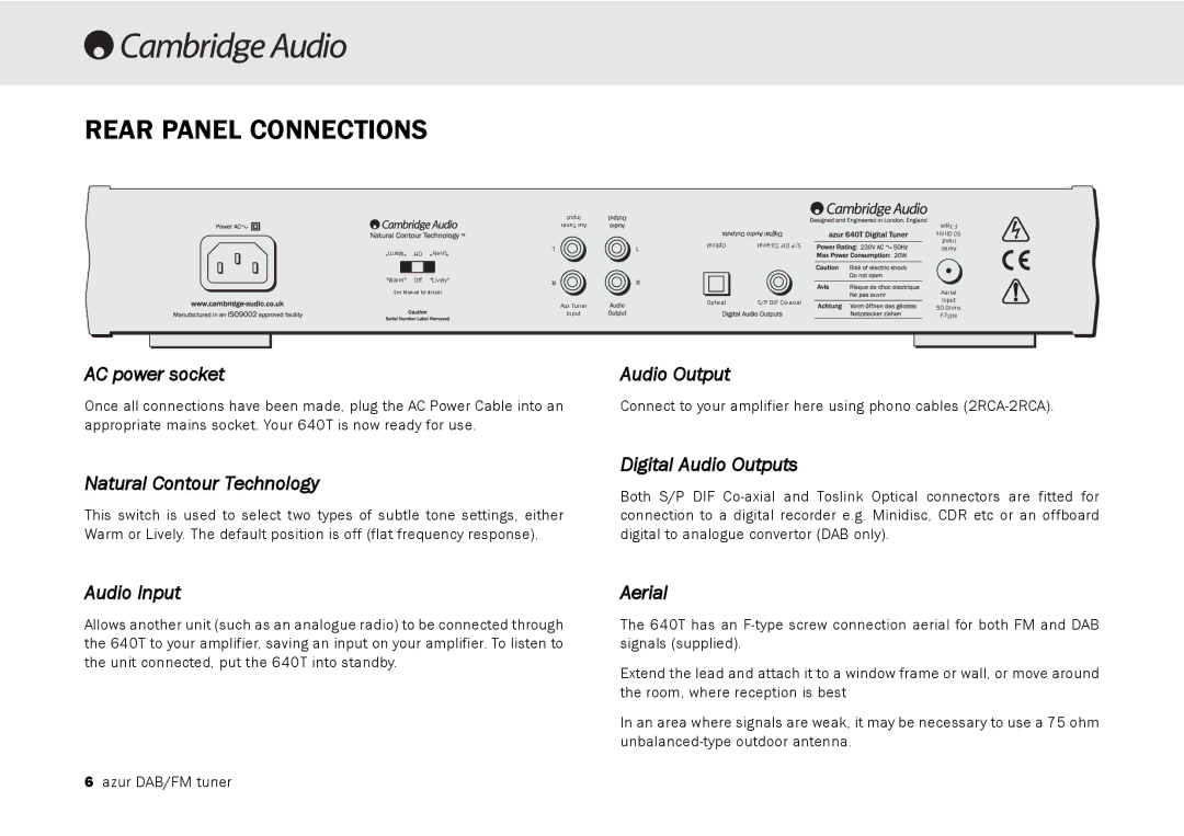 Cambridge Audio 640T user manual Rear Panel Connections 