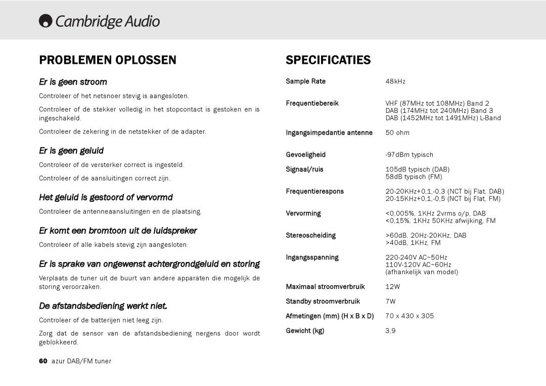 Cambridge Audio 640T user manual Problemen Oplossen, Specificaties 