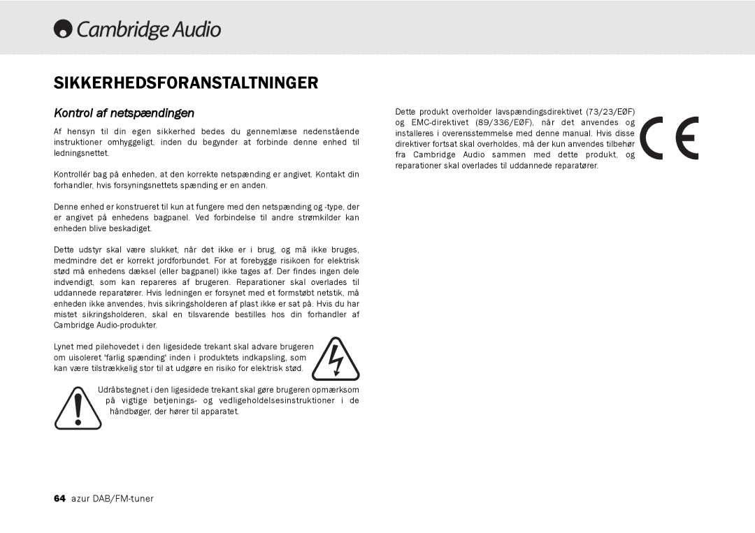 Cambridge Audio 640T user manual Sikkerhedsforanstaltninger, Kontrol af netspændingen 