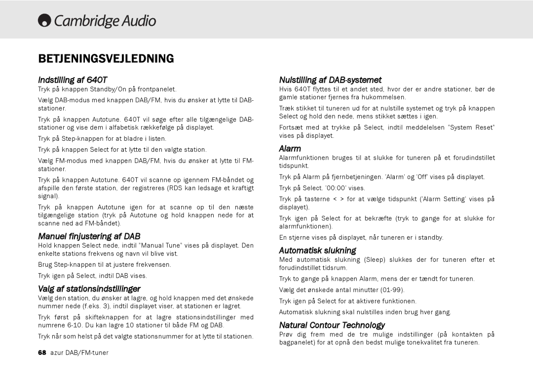 Cambridge Audio 640T user manual Betjeningsvejledning 