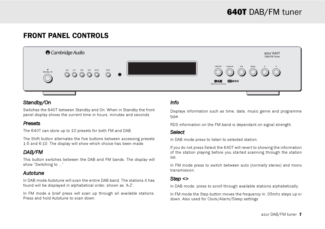 Cambridge Audio 640T user manual Front Panel Controls 