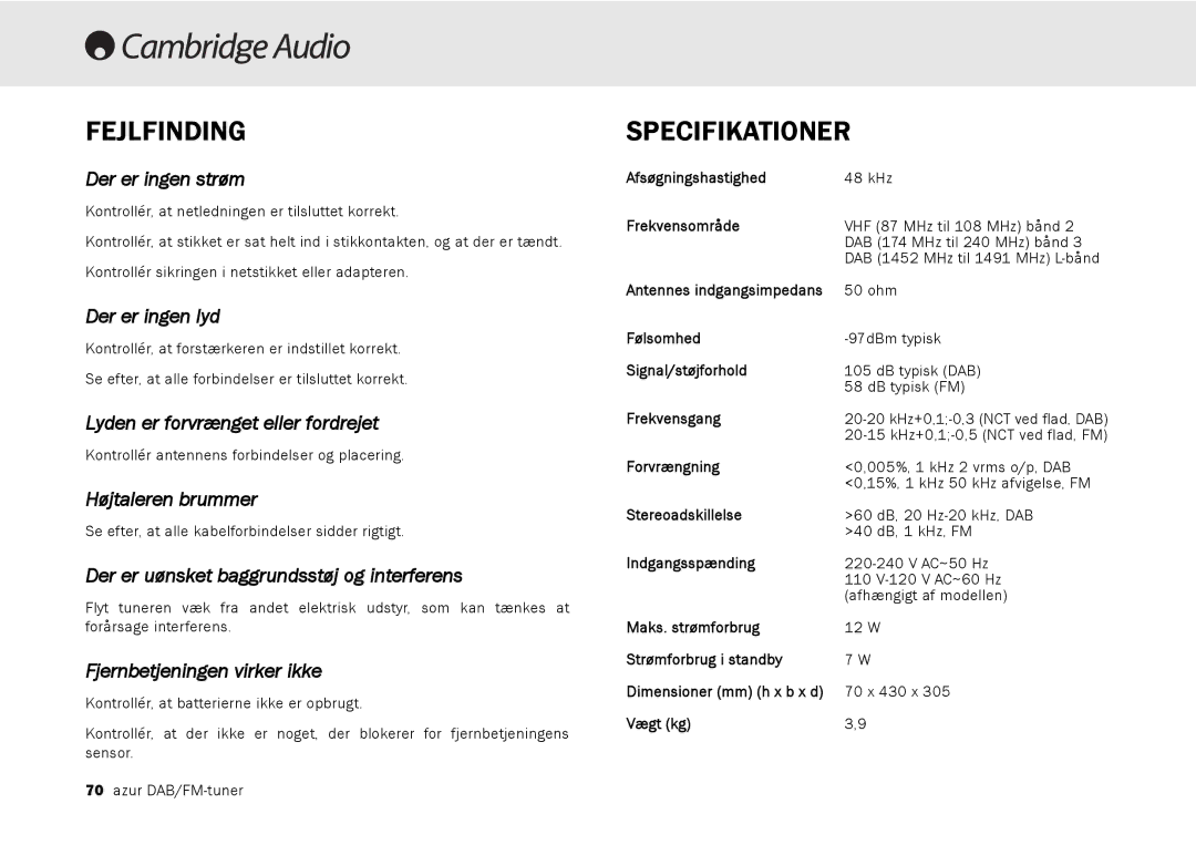 Cambridge Audio 640T user manual Fejlfinding, Specifikationer 