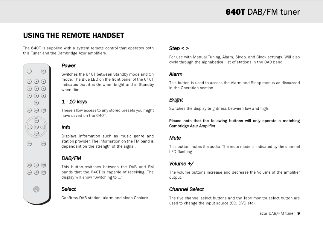 Cambridge Audio 640T user manual Using the Remote Handset 