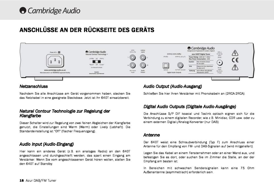 Cambridge Audio 640T Anschlüsse An Der Rückseite Des Geräts, Netzanschluss, Audio Output Audio-Ausgang, Klangfarbe 