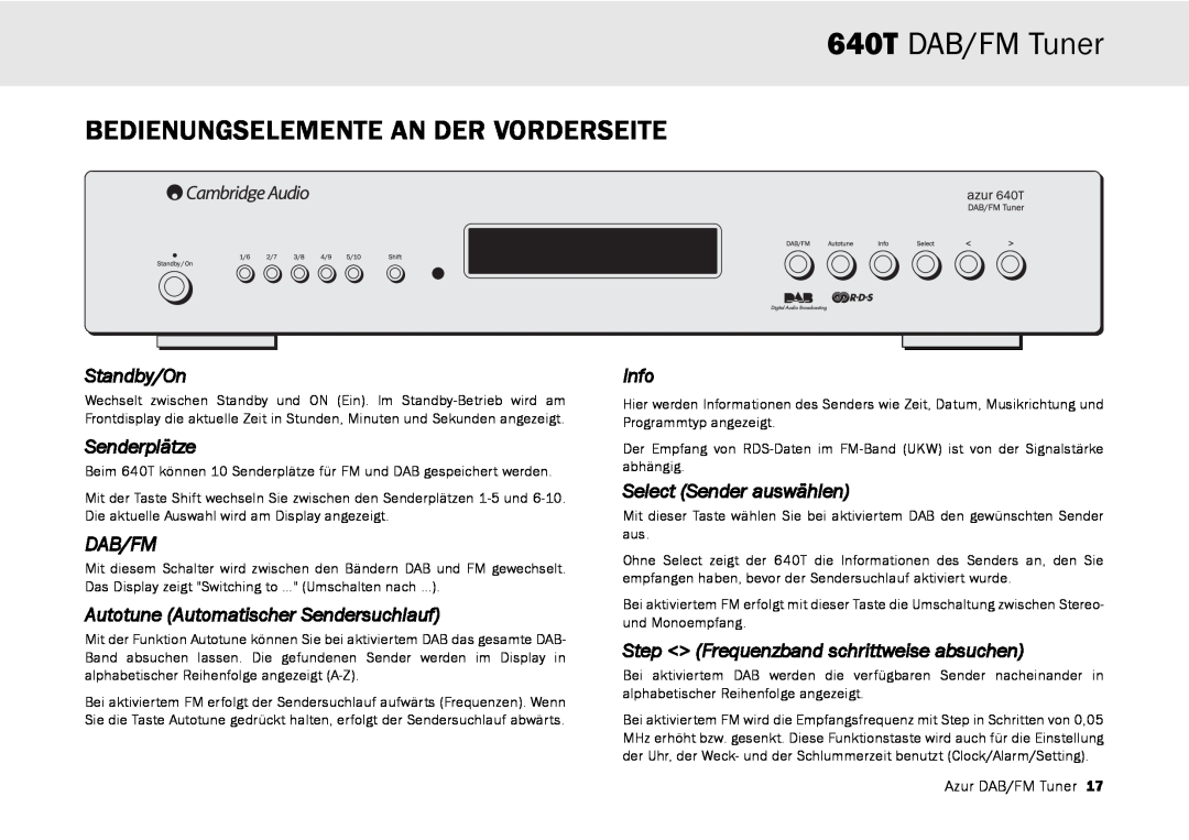 Cambridge Audio Bedienungselemente An Der Vorderseite, 640T DAB/FM Tuner, Standby/On, Senderplätze, Dab/Fm, Info 
